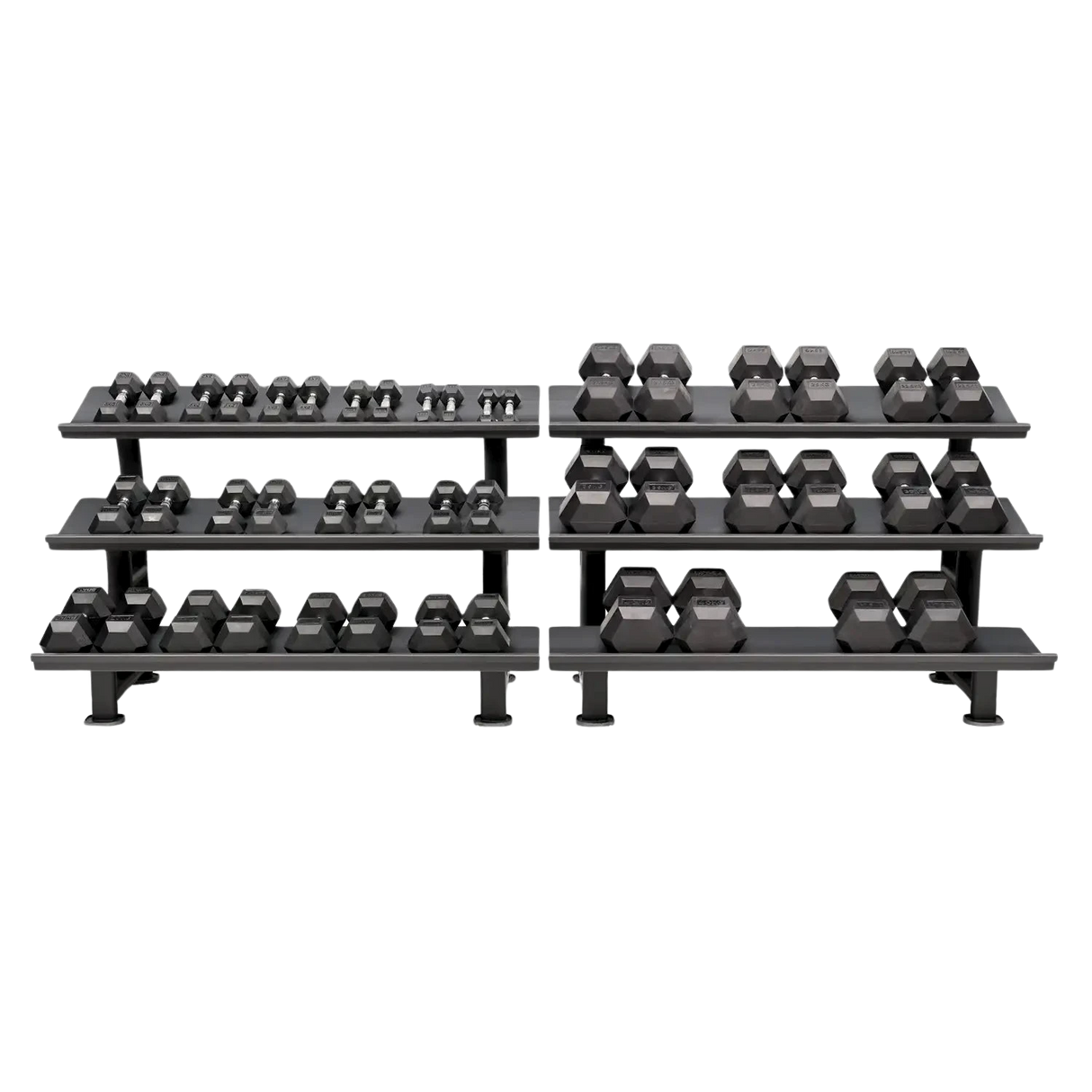 Acheter un ensemble d'haltères hexagonaux (1 à 40 kg, 22 paires) avec 2 supports de rangement - Ensembles d'haltères HighPowered - Boutique en ligne de fitness