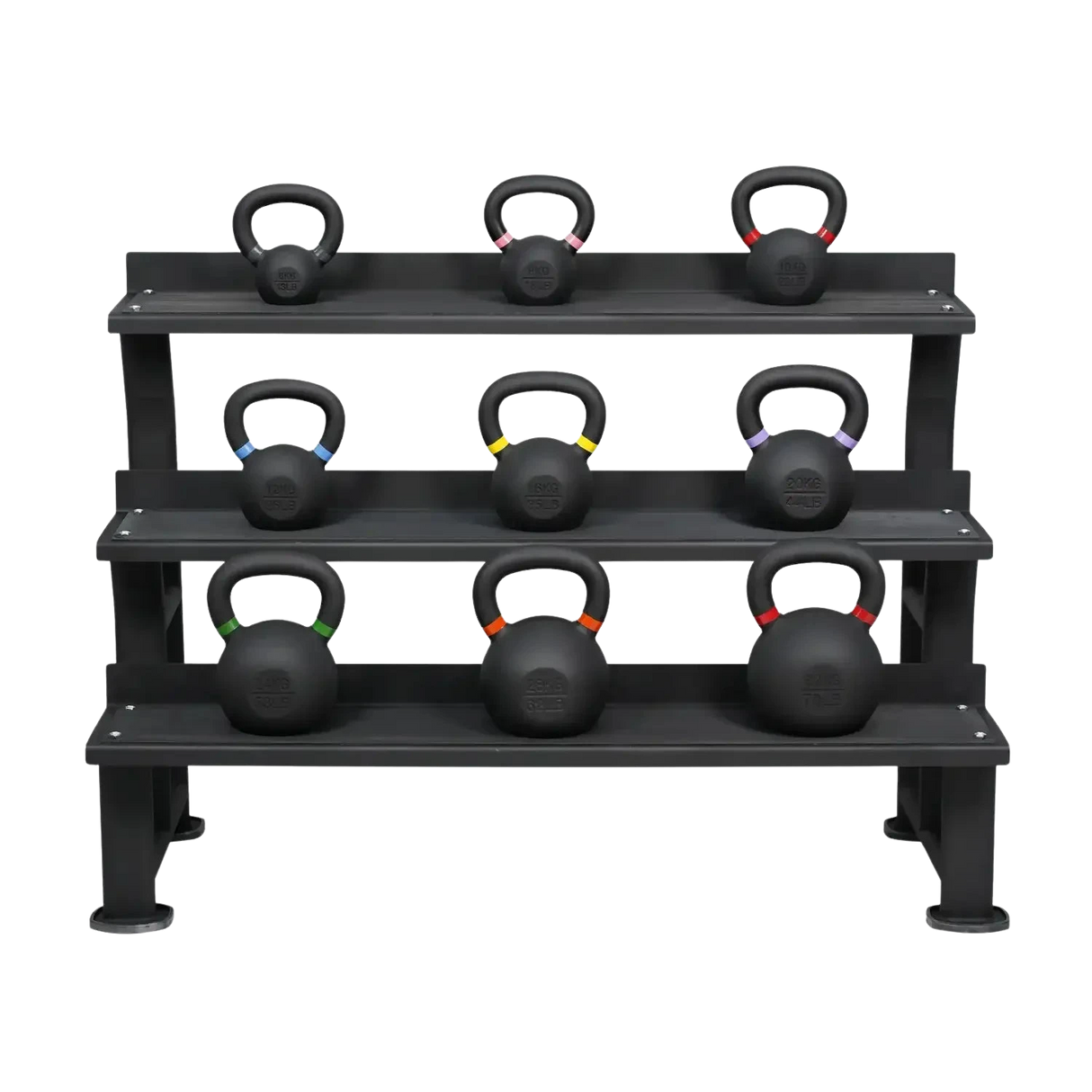 Buy the Powder-Coated Kettlebell Set Advanced (9 kettlebells, 6–32 kg) with Storage Rack - HighPowered Kettlebell Sets - Fitness Online Store