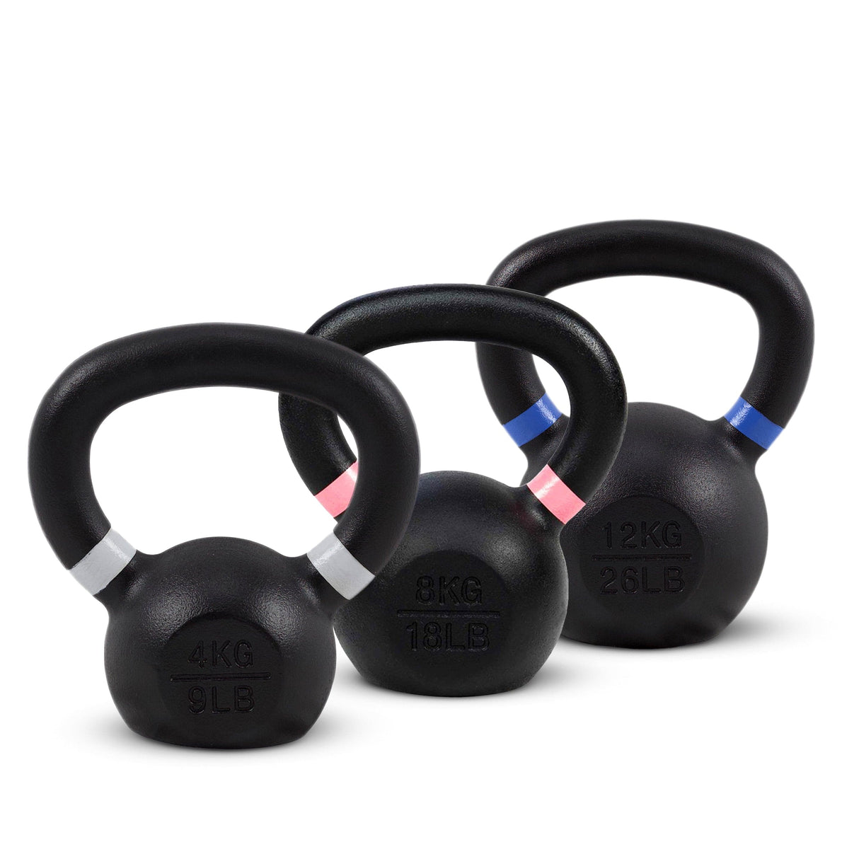 Acquista il set di kettlebell verniciati a polvere per principianti (3 kettlebell da 4-12 kg) - Set di kettlebell HighPowered - Negozio online di fitness