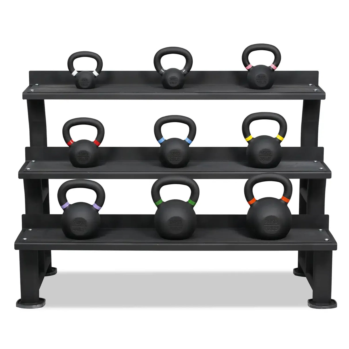 Acheter un ensemble de kettlebells pour débutants avec revêtement en poudre (9 kettlebells de 4 à 28 kg) et support de rangement - Ensembles de kettlebells HighPowered - Boutique en ligne de fitness