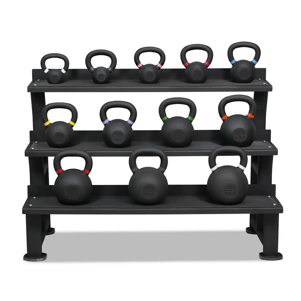 Acheter un ensemble complet de kettlebells avec revêtement en poudre (12 kettlebells de 4 à 40 kg) avec support de rangement - Ensembles de kettlebells HighPowered - Boutique en ligne de fitness