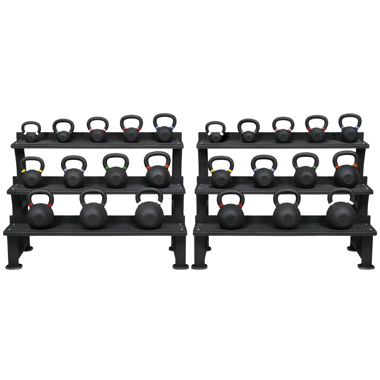 Buy the Powder-Coated Kettlebell Set Complete Double (24 kettlebells, 4–40 kg) with 2 storage racks - HighPowered Kettlebell Sets - Fitness Online Store