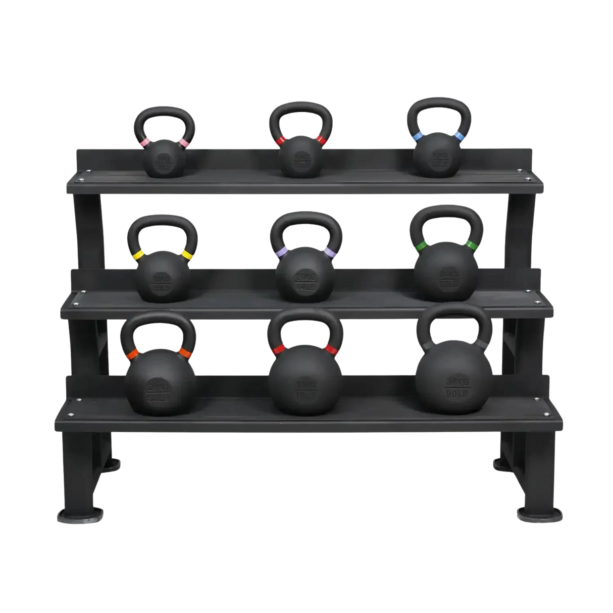 Buy the Elite Powder-Coated Kettlebell Set (9 kettlebells, 8–36 kg) with Storage Rack - HighPowered Kettlebell Sets - Online Fitness Store