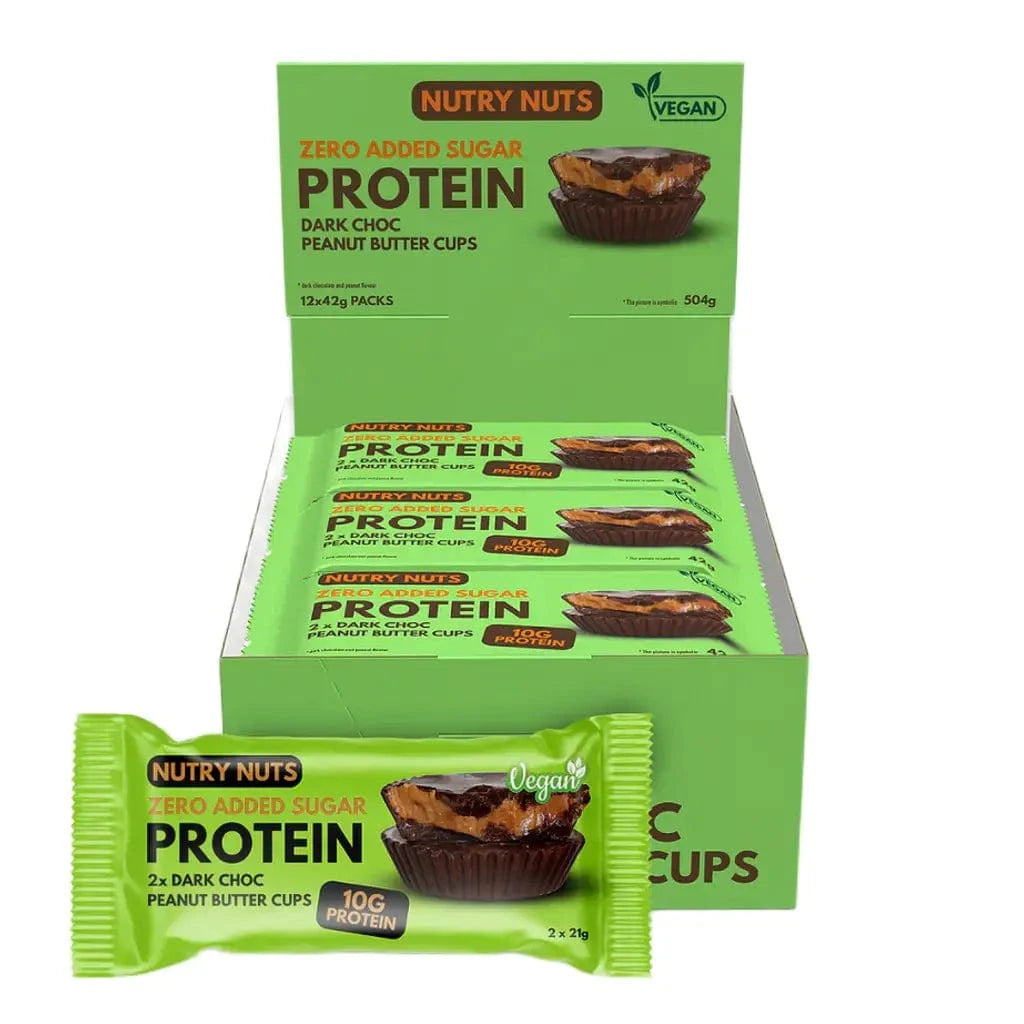 Nutry Nuts Zero Added Sugar - Cups au beurre de cacahuète protéinés 12 x 42 g / Chocolat noir et cacahuètes - Barres protéinées Nutry Nuts - Boutique en ligne de fitness