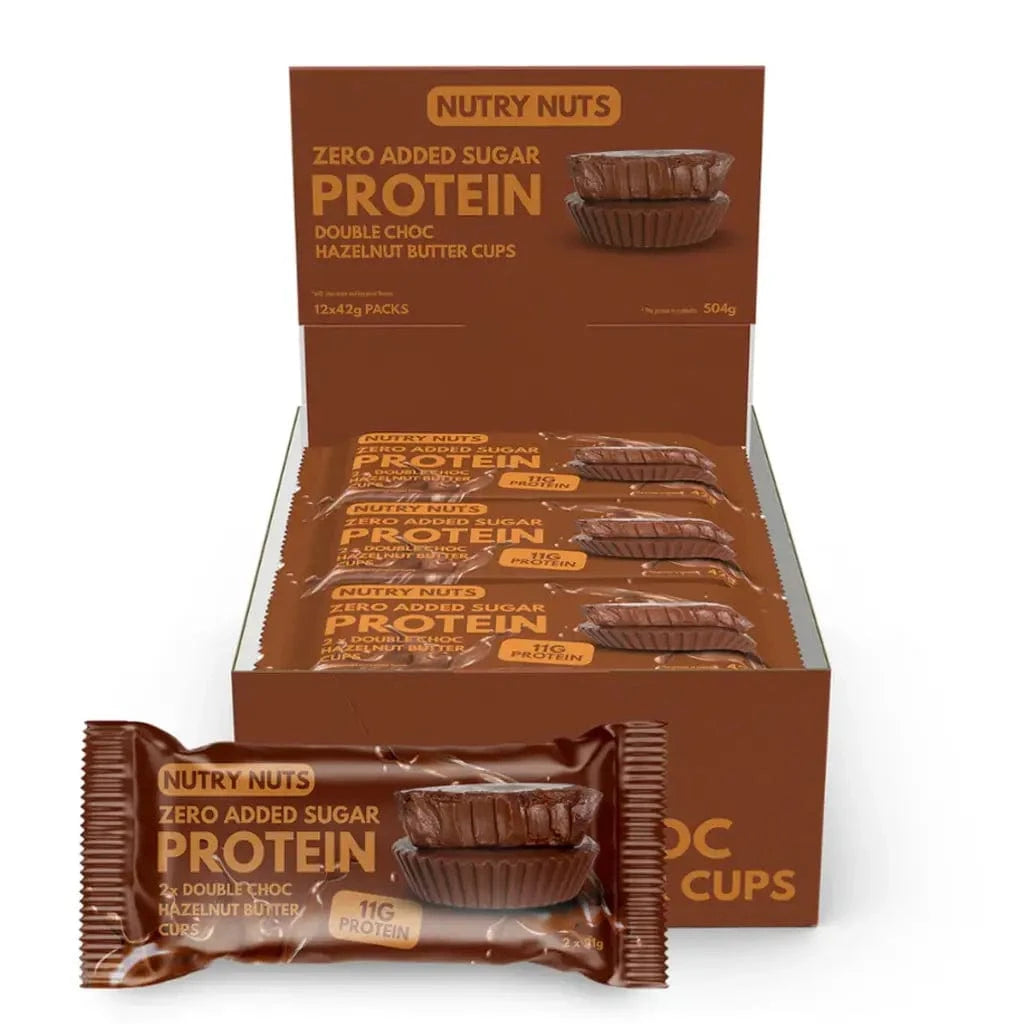 Nutry Nuts Zero Added Sugar - Cups au beurre de cacahuète protéinés 12 x 42 g / Double Choc & Noisette - Barres protéinées Nutry Nuts - Boutique en ligne de fitness