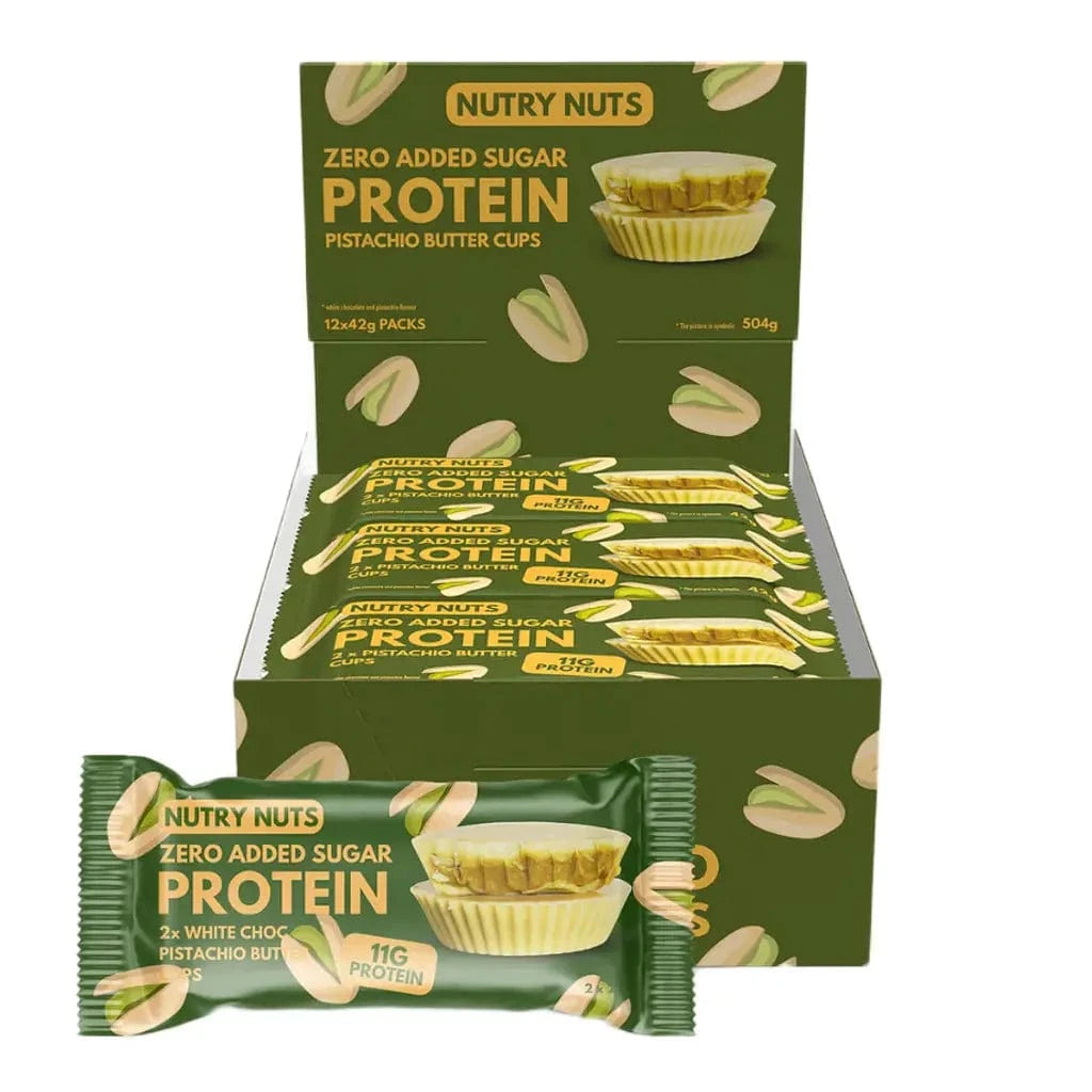 Nutry Nuts Zero Added Sugar - Cups au beurre de cacahuète protéinés 12 x 42 g / Chocolat blanc & Pistache - Barres protéinées Nutry Nuts - Boutique en ligne de fitness
