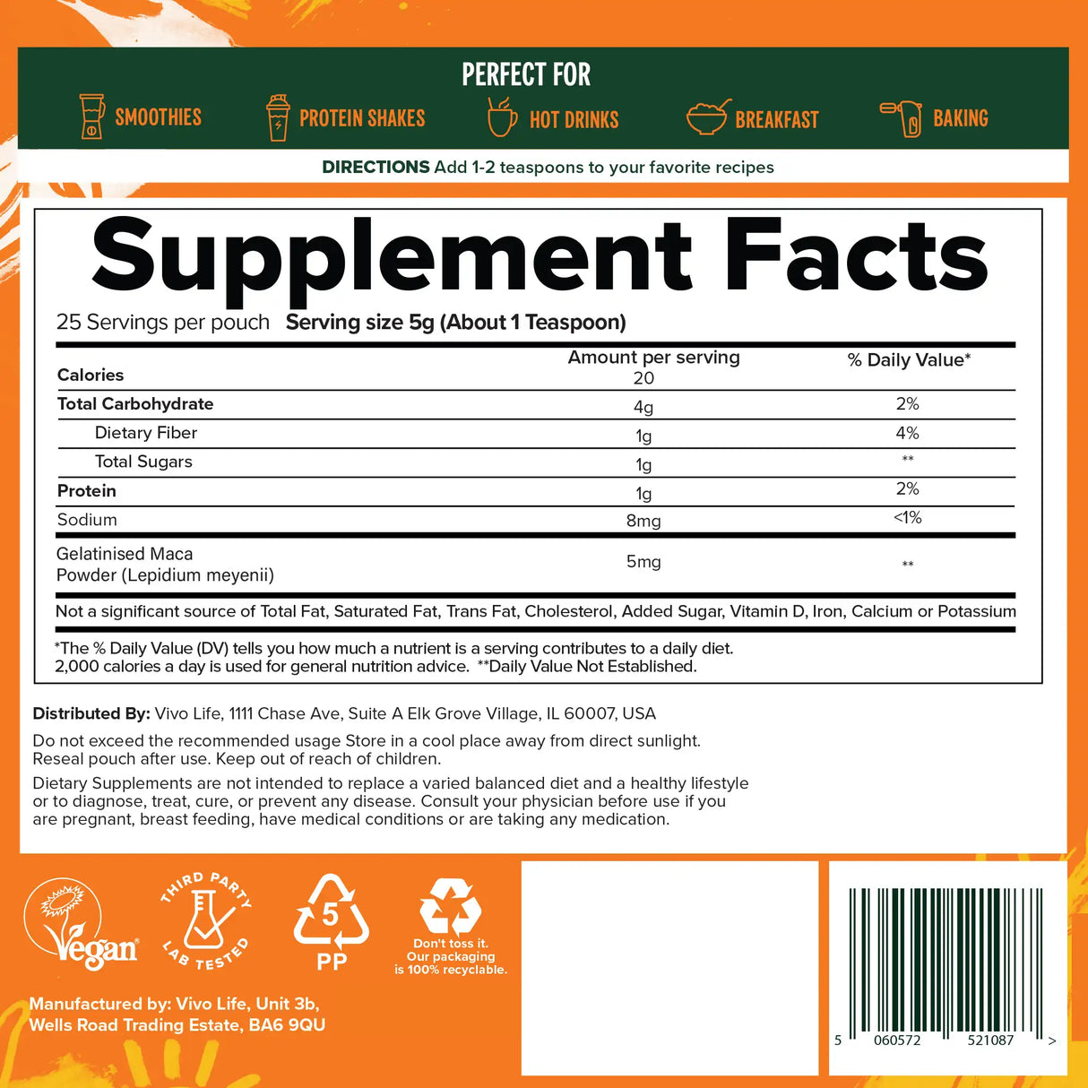 Maca Pulver (gelatinisiert) 125 g kaufen - Vivo Life Adaptogene - Fitness Onlineshop