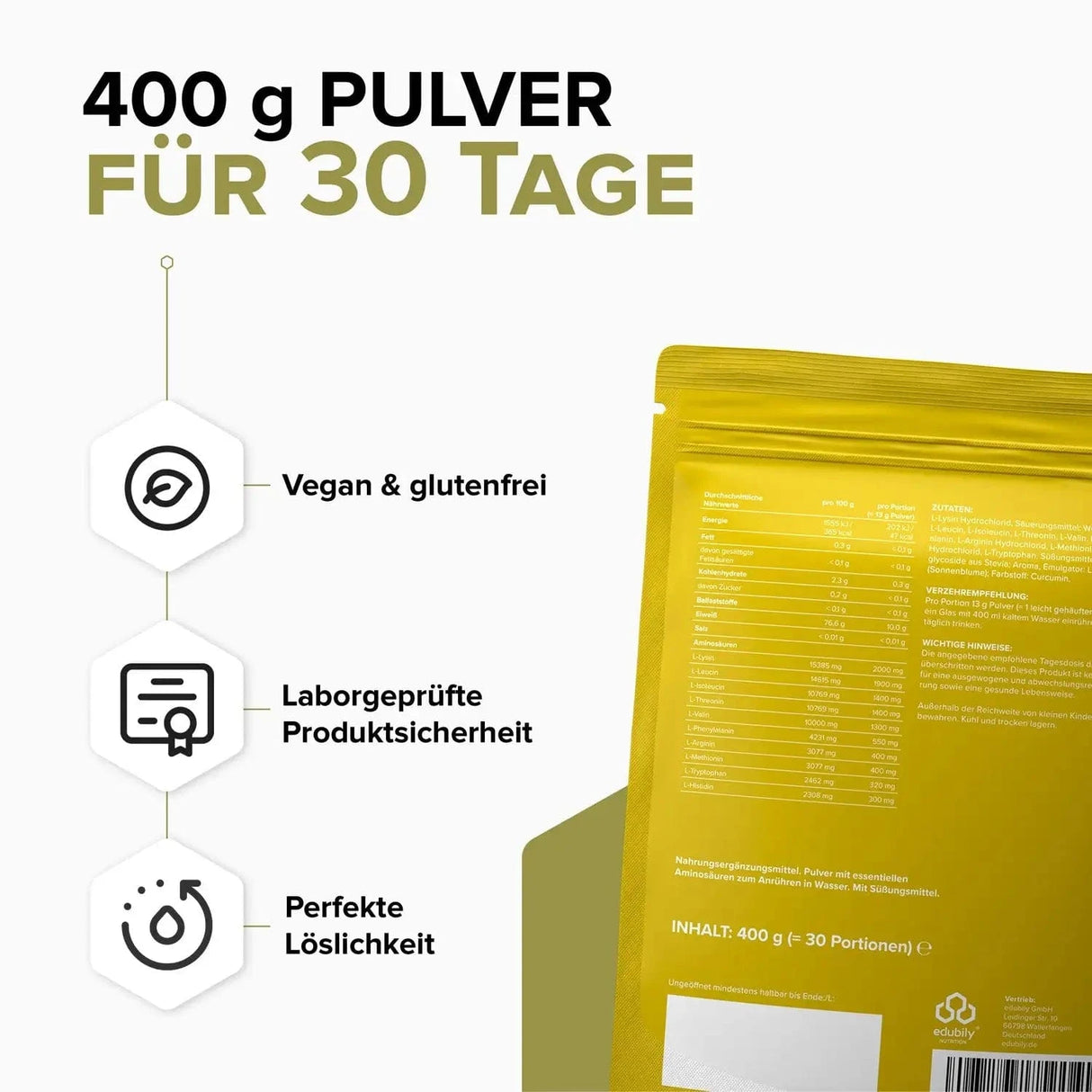 EAA⁺ Pulver (Essenzielle Aminosäuren) kaufen -  edubily EAA  - Fitness Onlineshop