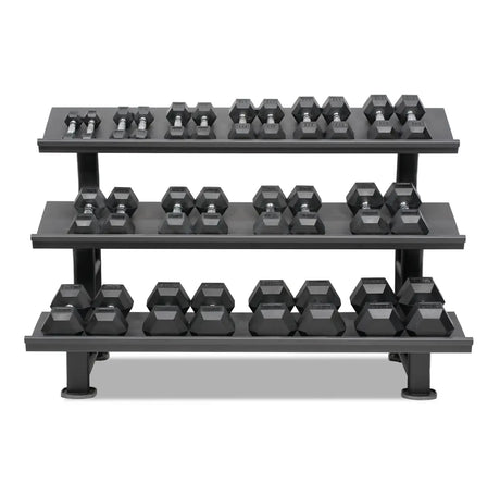 Acheter un ensemble d'haltères hexagonaux (1 à 20 kg, 14 paires) avec support de rangement - Ensembles d'haltères HighPowered - Boutique en ligne de fitness