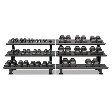 Acheter un ensemble d'haltères hexagonaux (1 à 40 kg, 22 paires) avec 2 supports de rangement -  Ensembles d'haltères HighPowered  - Boutique en ligne de fitness