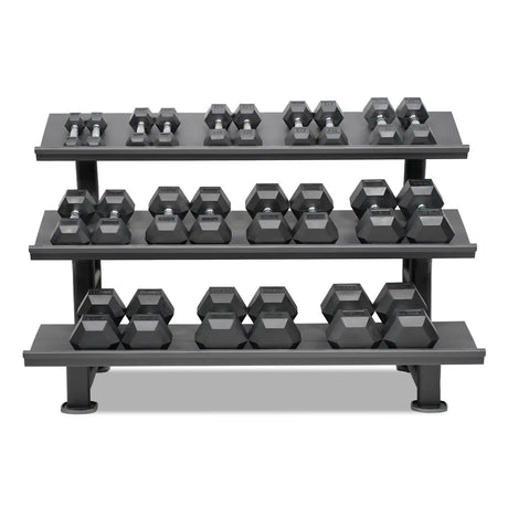 Acheter un ensemble d'haltères hexagonaux (2 à 25 kg, 12 paires) avec support de rangement -  Ensembles d'haltères HighPowered  - Boutique en ligne de fitness