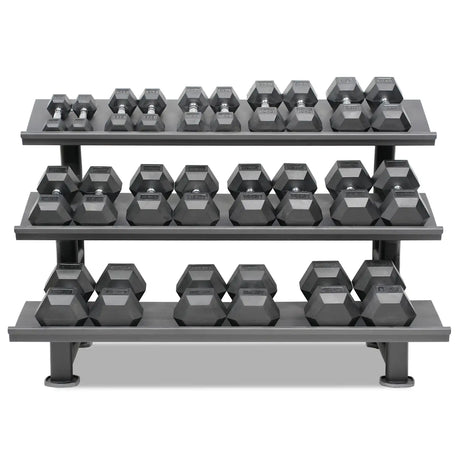 Acheter un ensemble d'haltères hexagonaux (3-30 kg, 12 paires) avec support de rangement - Ensembles d'haltères HighPowered - Boutique en ligne de fitness