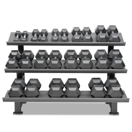 Acheter un ensemble d'haltères hexagonaux (3-35 kg, 12 paires) avec support de rangement -  Ensembles d'haltères HighPowered  - Boutique en ligne de fitness
