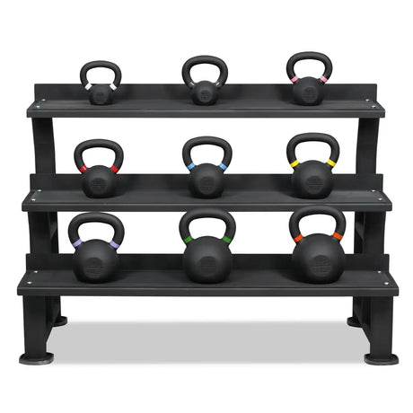 Acheter un ensemble de kettlebells pour débutants avec revêtement en poudre (9 kettlebells de 4 à 28 kg) et support de rangement -  Ensembles de kettlebells HighPowered  - Boutique en ligne de fitness