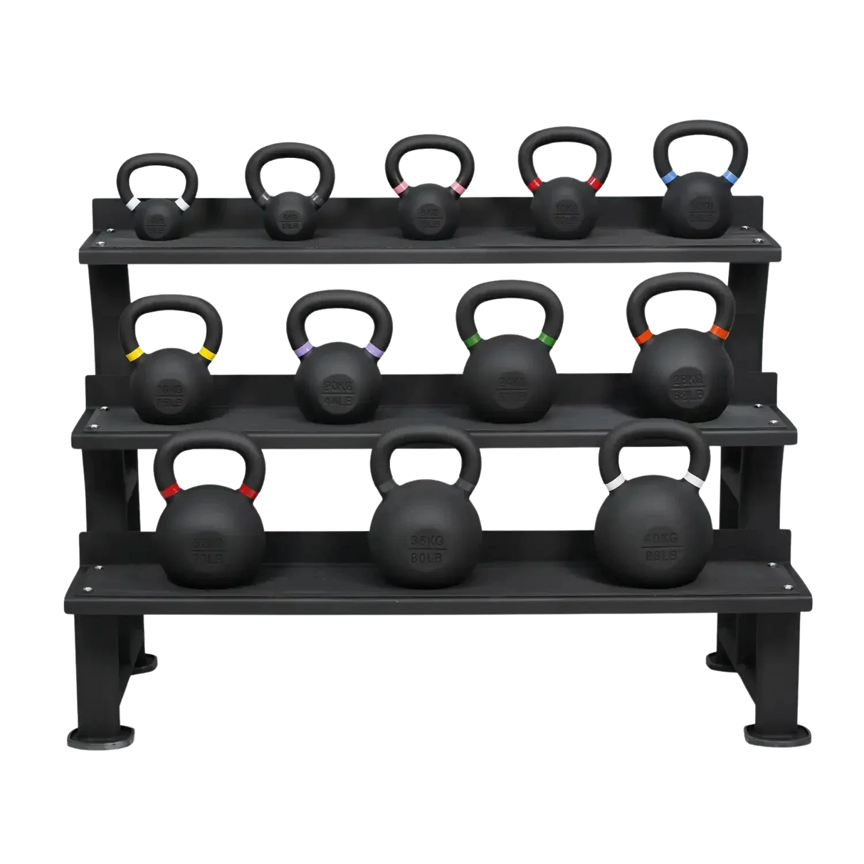 Acheter un ensemble complet de kettlebells avec revêtement en poudre (12 kettlebells de 4 à 40 kg) avec support de rangement -  Ensembles de kettlebells HighPowered  - Boutique en ligne de fitness