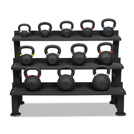Acheter un ensemble complet de kettlebells avec revêtement en poudre (12 kettlebells de 4 à 40 kg) avec support de rangement -  Ensembles de kettlebells HighPowered  - Boutique en ligne de fitness