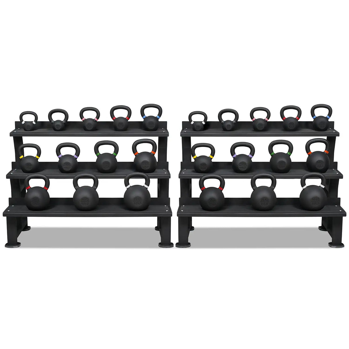 Acheter un ensemble complet de kettlebells à double poids (24 kettlebells de 4 à 40 kg) avec revêtement en poudre et 2 supports de rangement -  Ensembles de kettlebells HighPowered  - Boutique en ligne de fitness