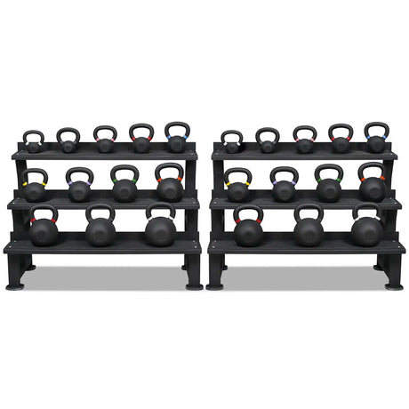 Acheter un ensemble complet de kettlebells à double poids (24 kettlebells de 4 à 40 kg) avec revêtement en poudre et 2 supports de rangement -  Ensembles de kettlebells HighPowered  - Boutique en ligne de fitness