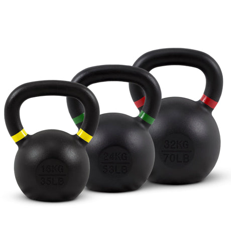 Acheter le lot de kettlebells Elite à revêtement poudré (3 kettlebells de 16 à 32 kg) -  Lots de kettlebells HighPowered  - Boutique en ligne de fitness