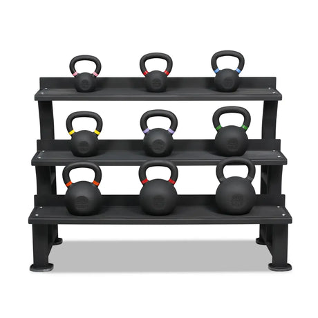 Acheter le lot de kettlebells Elite avec revêtement poudré (9 kettlebells de 8 à 36 kg) avec support de rangement -  Lots de kettlebells HighPowered  - Boutique en ligne de fitness