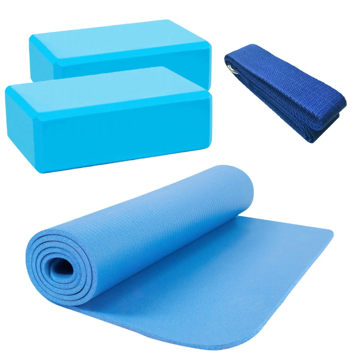 Buy the HighPowered Fitness and Yoga Set (1 mat, 2 blocks, 1 strap) in blue at HighPowered.ch