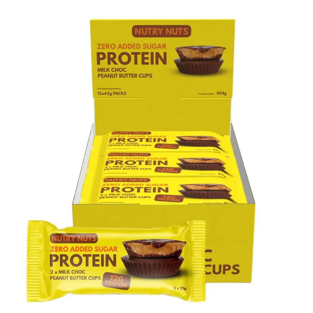 Nutry Nuts Zero Added Sugar - Cups au beurre de cacahuète protéinés 12 x 42 g / Chocolat au lait et cacahuètes -  Barres protéinées Nutry Nuts  - Boutique en ligne de fitness