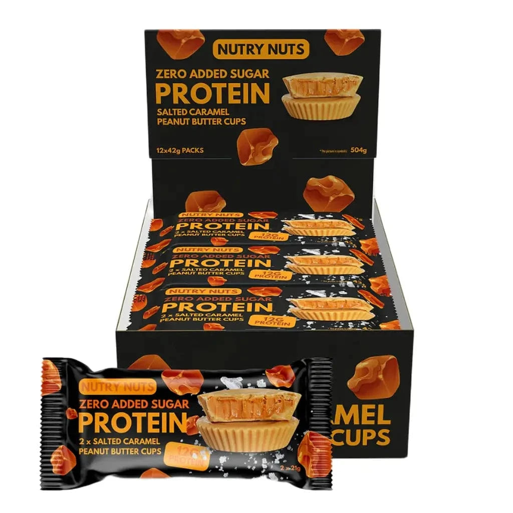 Nutry Nuts Zero Added Sugar - Cups au beurre de cacahuète protéinés 12 x 42 g / Caramel salé & cacahuète -  Barres protéinées Nutry Nuts  - Boutique en ligne de fitness