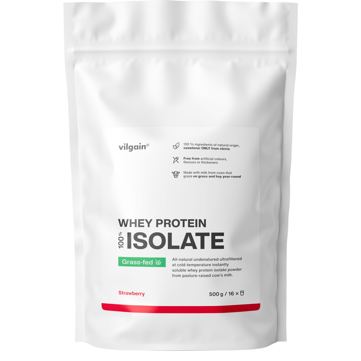 Grass-Fed Whey Protein Isolat Erdbeere / 500 g kaufen -  Vilgain Whey Proteinpulver  - Fitness Onlineshop